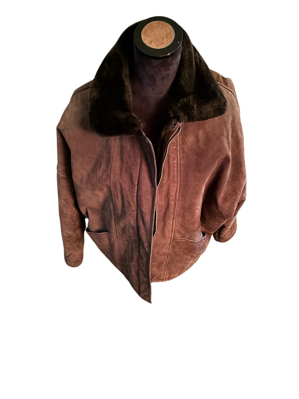 Jones New York Brown Suede Bomber Jacket with Dark Fur Collar